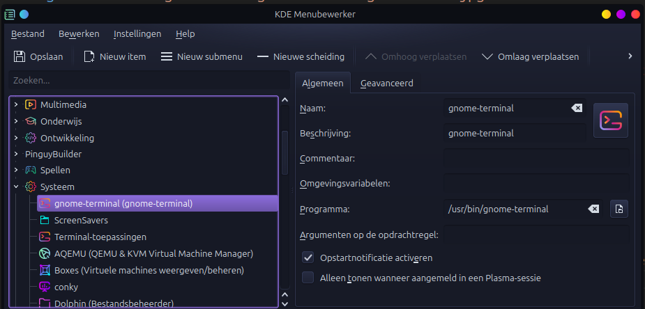 gnome terminal toevoegen aan kde plasma menu